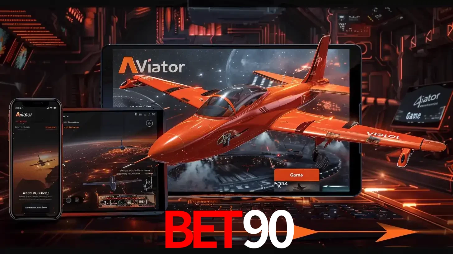 Apresentação tecnológica do jogo Aviator com um avião saindo da tela de um tablet, demonstrando a experiência imersiva em múltiplos dispositivos no BET90.