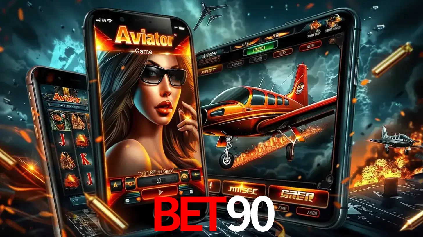 O popular jogo de apostas Aviator exibido em vários celulares e tablets, mostrando a interface emocionante e a ação de voo disponíveis para jogar agora no BET90.