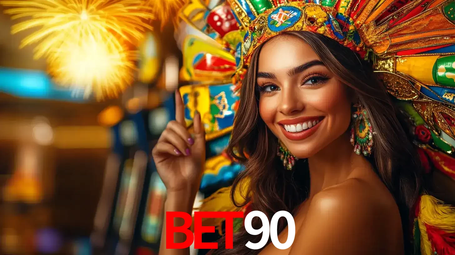 Mulher sorridente com um cocar de carnaval vibrante e colorido, celebrando uma grande vitória nos jogos do cassino BET90 com fogos de artifício ao fundo.