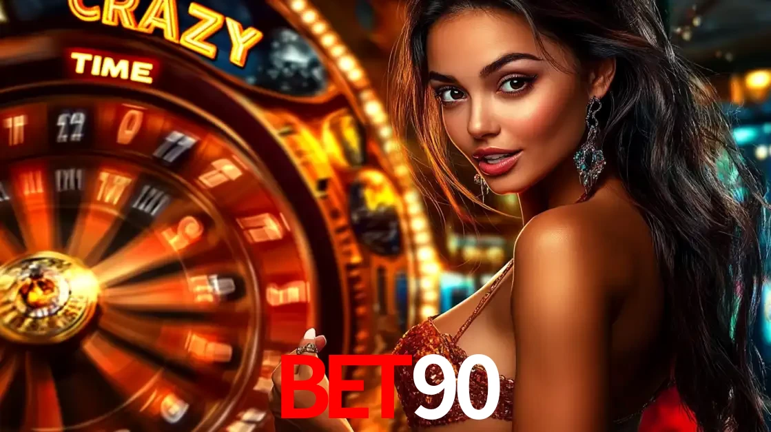 Mulher ao lado da roda de prêmios do jogo de cassino ao vivo Crazy Time, um dos shows de jogos mais emocionantes oferecidos pela plataforma de apostas BET90.