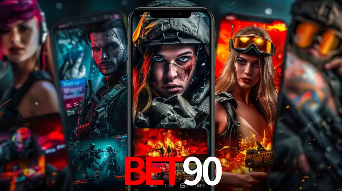 Montagem de telas de celular mostrando diversos personagens, masculinos e femininos, de um jogo de tiro, ilustrando a diversidade de equipes de e-sports para apostar no BET90.