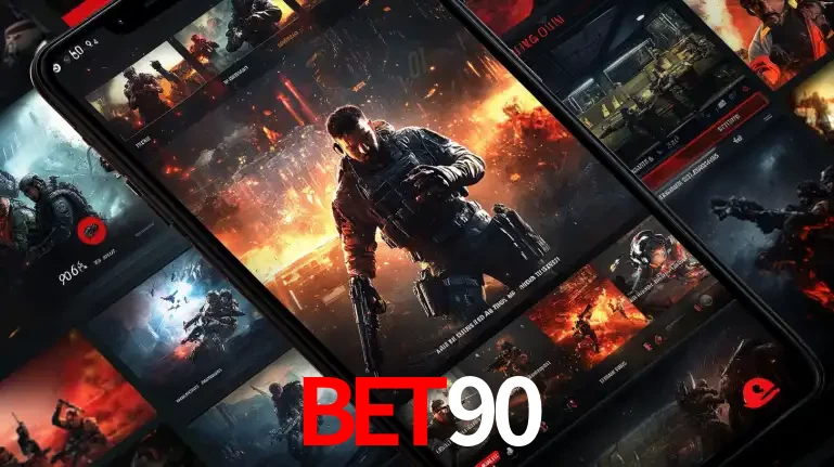Tela de um celular exibindo uma galeria de jogos de tiro com temática militar, mostrando a variedade de e-sports disponíveis para apostas na plataforma de entretenimento BET90.