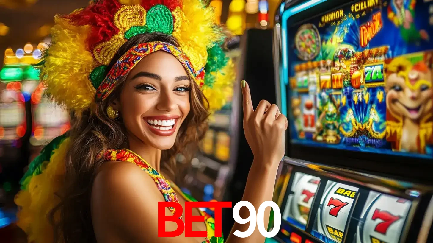 Mulher animada com um cocar de carnaval apontando para uma máquina de caça-níqueis, mostrando a emoção de ganhar um grande prêmio nos jogos do BET90.