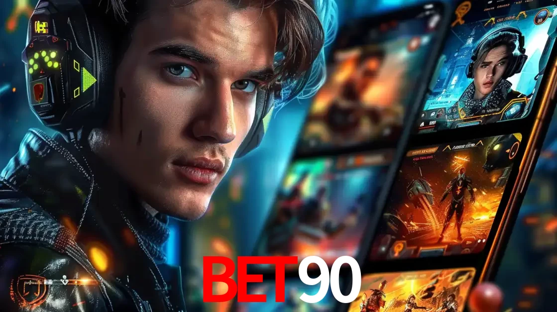 Jovem jogador com fones de ouvido olhando para a câmera, com um aplicativo de jogos e e-sports para celular ao fundo, pronto para a competição e apostas no BET90.