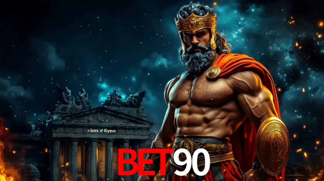 O poderoso Zeus do jogo de slot Gates of Olympus em frente ao seu templo, pronto para lançar multiplicadores divinos e prêmios épicos no cassino online BET90.
