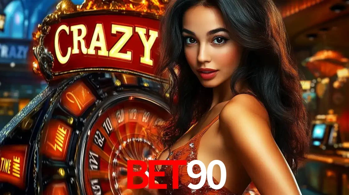 Mulher glamourosa olhando para a câmera com a roda vermelha do Crazy Time ao fundo em um ambiente de cassino, destacando a emoção dos jogos ao vivo no BET90.