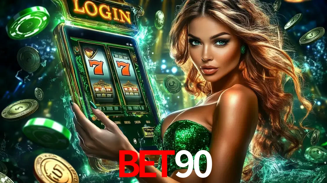 Mulher com tema verde apresentando o aplicativo do cassino BET90 com um jogo de slot de 777, cercada por fichas de cassino e uma aura de sorte.