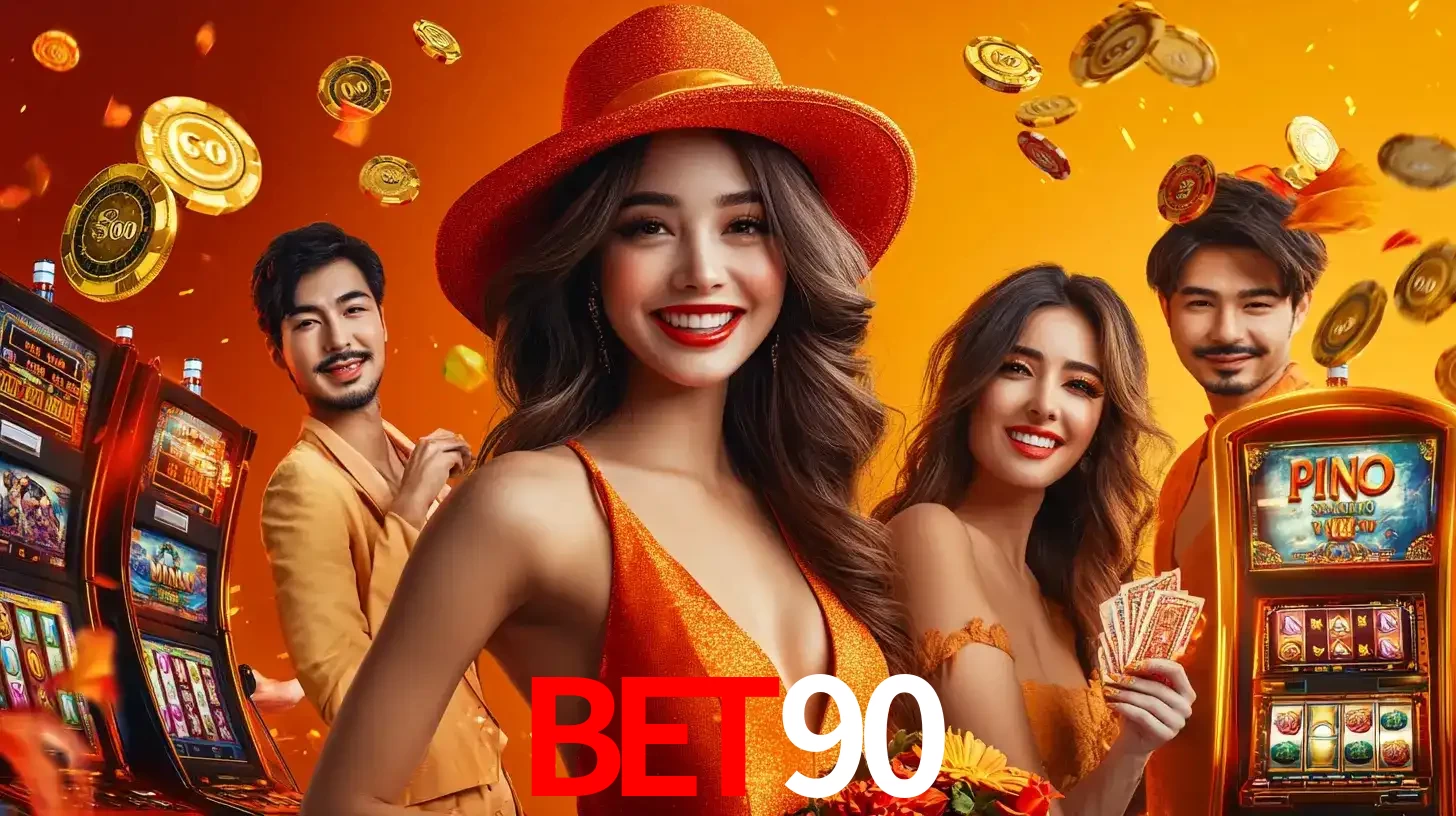 Grupo de amigos asiáticos sorrindo e se divertindo com máquinas de caça-níqueis em um ambiente festivo, celebrando suas vitórias nos jogos de cassino do BET90.