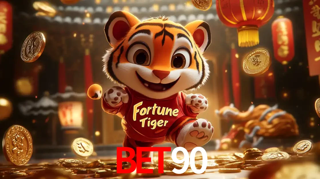 O alegre personagem do Fortune Tiger correndo sobre um caminho de moedas de ouro, simbolizando os grandes prêmios e a diversão do popular jogo de slot do BET90.