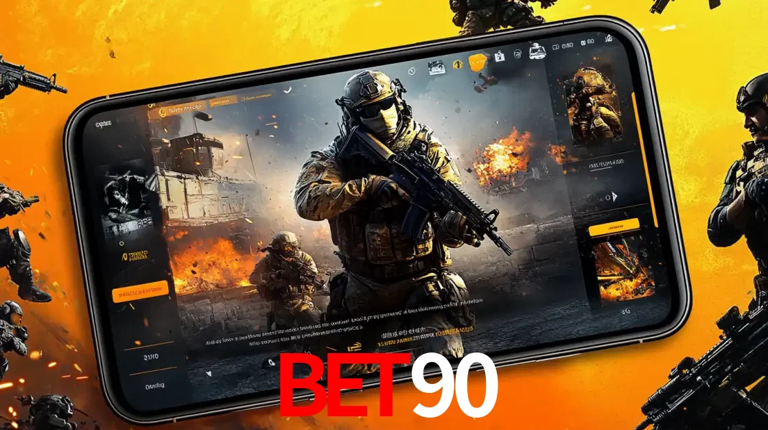 Um smartphone exibindo a interface de um jogo de tiro em primeira pessoa, com um soldado em um cenário de batalha, representando a ação dos e-sports para apostar no BET90.