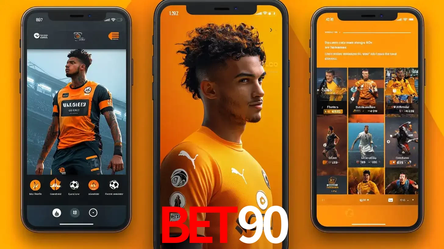 Interface do aplicativo de apostas esportivas BET90 em três telas de celular, mostrando o perfil de um jogador de futebol e a lista de jogos disponíveis para apostar.