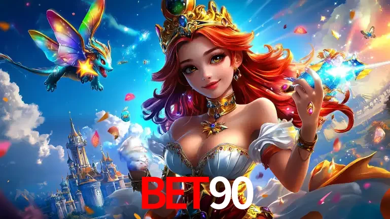 A princesa de um reino de fantasia mágico, com seu pequeno dragão, apresentando um mundo de prêmios encantados nos jogos de caça-níqueis do cassino BET90.