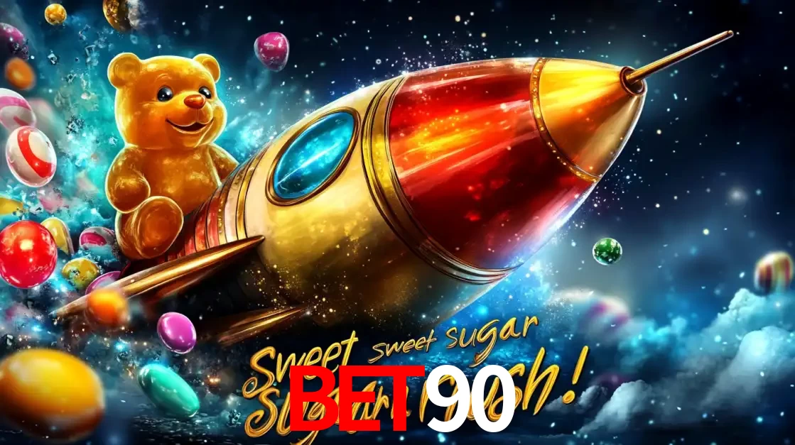 Arte promocional do jogo de slot Sugar Rush, com um urso de pelúcia em um foguete viajando pelo espaço de doces, um dos jogos divertidos disponíveis no cassino BET90.