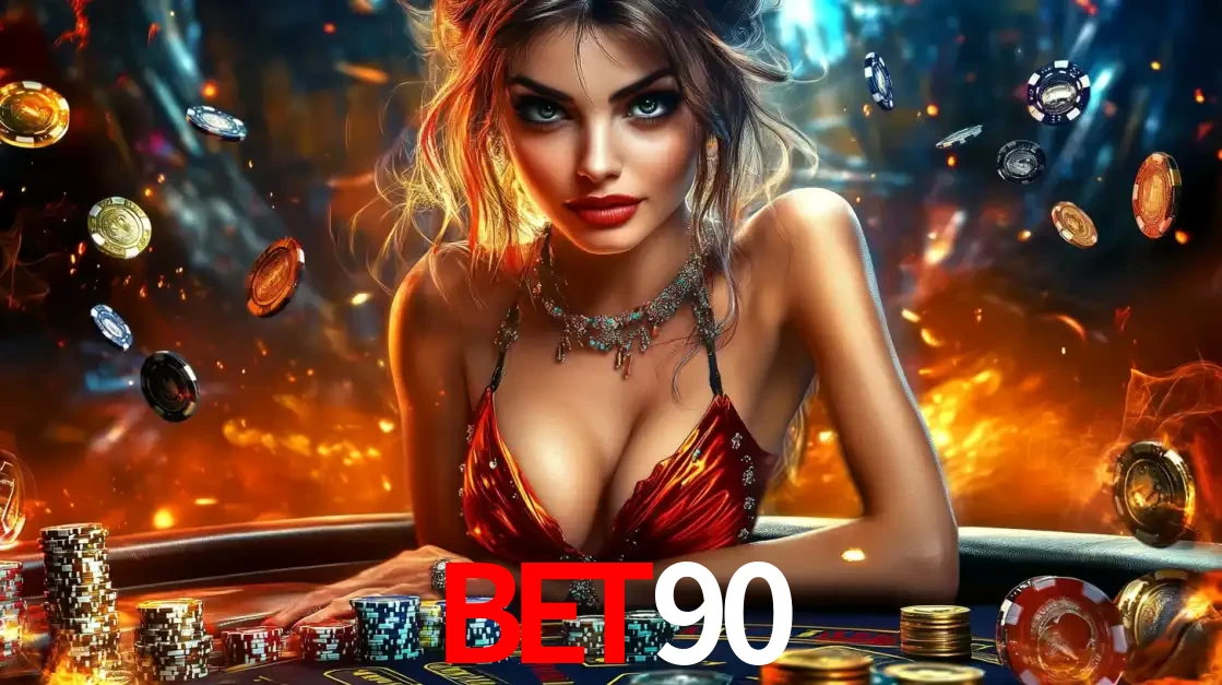 Mulher em uma mesa de cassino com pilhas de fichas e um fundo de fogo, pronta para uma rodada de altas apostas nos jogos de mesa emocionantes do cassino BET90.