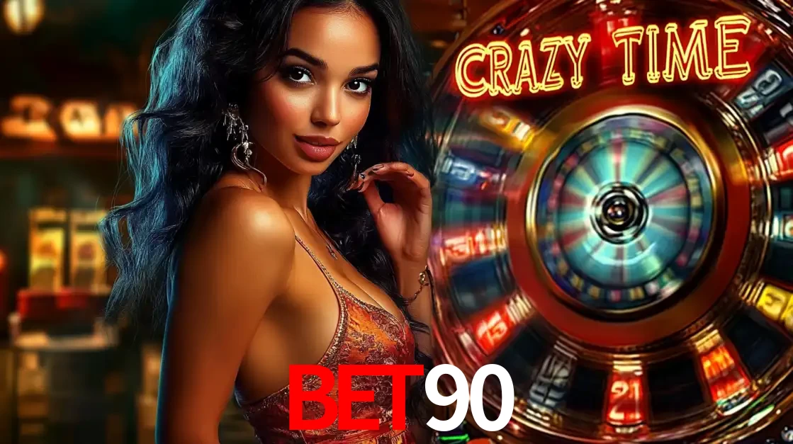 Mulher elegante ao lado da vibrante roda da fortuna do jogo de cassino ao vivo Crazy Time, um dos game shows mais populares e cheios de prêmios do BET90.