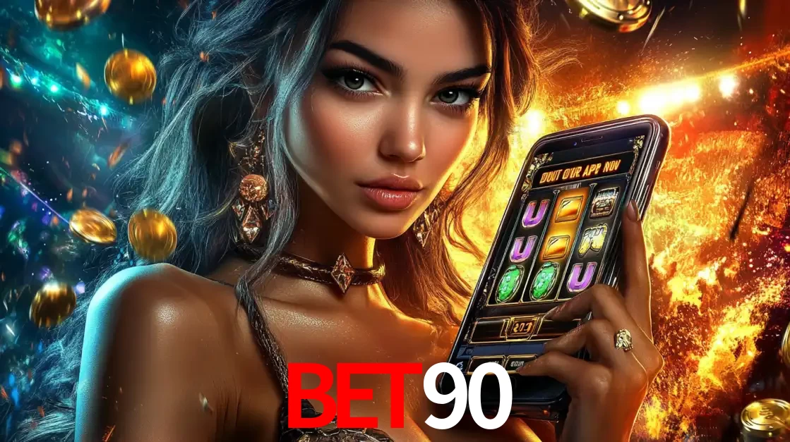 Mulher elegante mostrando um jogo de caça-níqueis em seu smartphone, destacando a experiência de cassino móvel oferecida pelo aplicativo BET90.