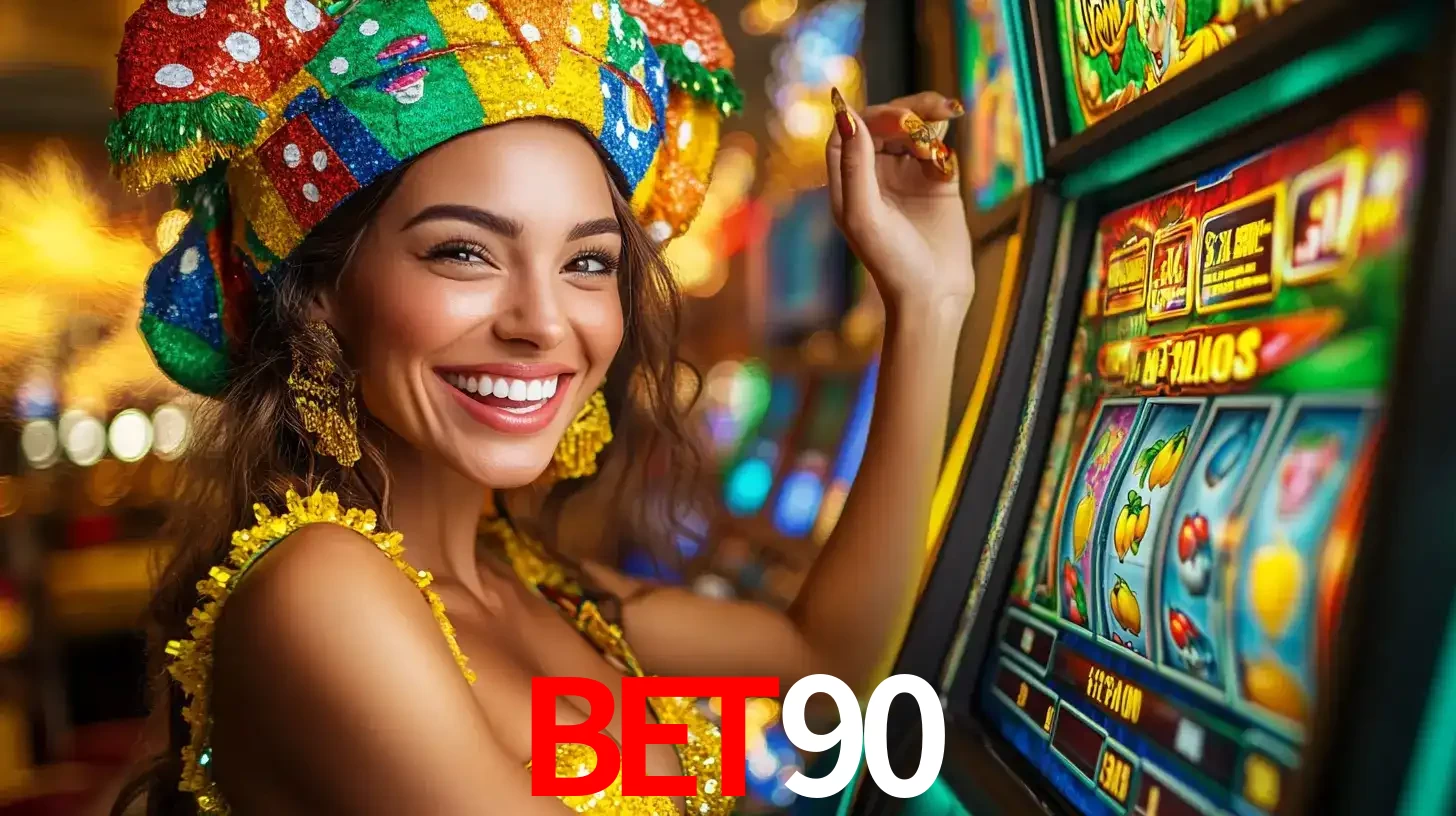 Mulher feliz com traje de carnaval amarelo e colorido ao lado de uma máquina de caça-níqueis, aproveitando a diversão e os jogos temáticos do cassino BET90.
