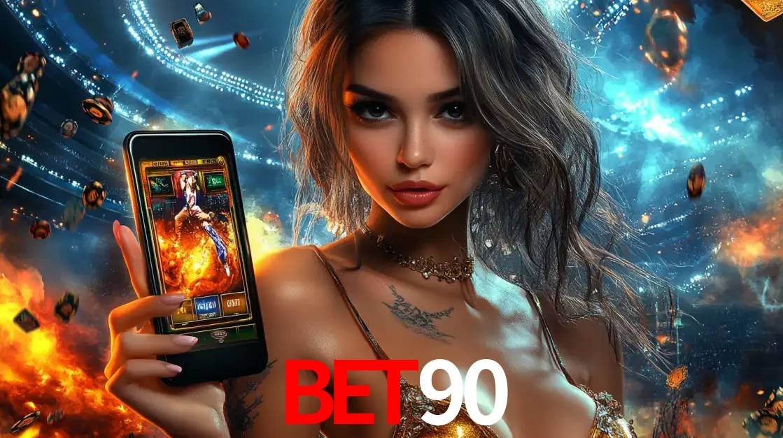 Mulher segurando um celular com um jogo de slot em destaque, tendo como fundo um estádio vibrante, simbolizando a emoção de jogar no cassino móvel BET90.