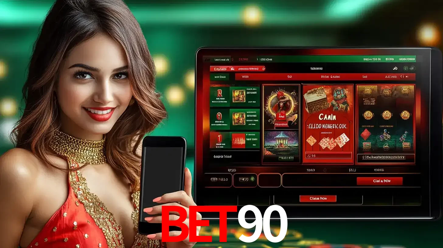 Mulher sorridente segurando um smartphone, ao lado de uma tela exibindo o lobby de jogos do cassino online BET90, com várias opções de jogos de cartas e slots.